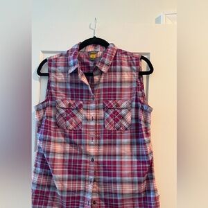 Eddie Bauer Fuchia, Blue and White Plaid Sleeveless Hiking Shirt size M